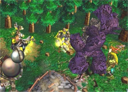 Yellow fights golems.