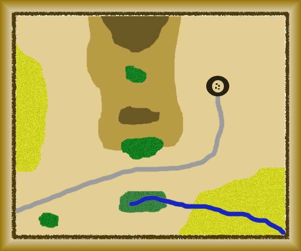 This is the area of Mbolu ridge near the Dabolu village. The darker brown areas represent the contours of the ridge.  The green areas represent scrub terrain or swampy areas.  The blue line is a slow moving stream, the grey line a well travelled path.  The yellow areas represent tall grass.